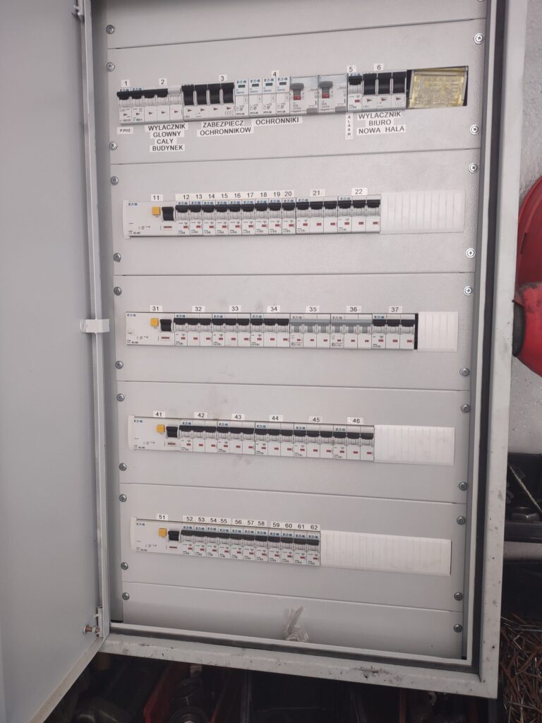 Skrzynka elektryczna z włącznikami i zabezpieczeniami.
